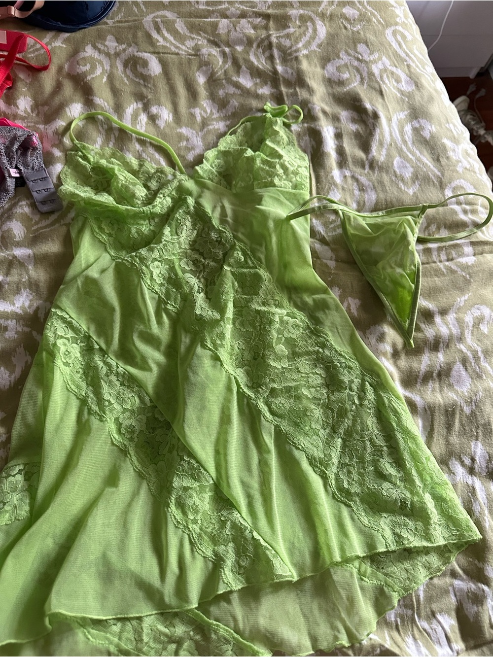 Frederick's of Hollywood Neon Green Lace Chemise with Thong